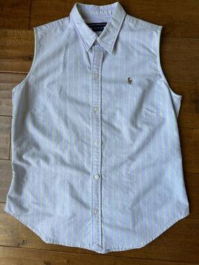 Women’s Ralph Lauren Sleeveless Shirt Lavender with Lime Stripes. Size 8